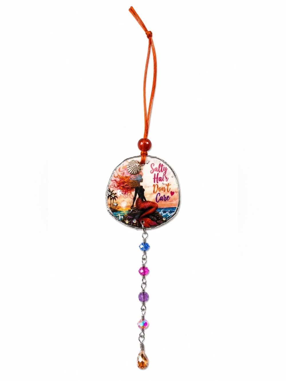 Decoupage Mermaid 'Salty Hair Don't Care' Crystal Sand Dollar Suncatcher